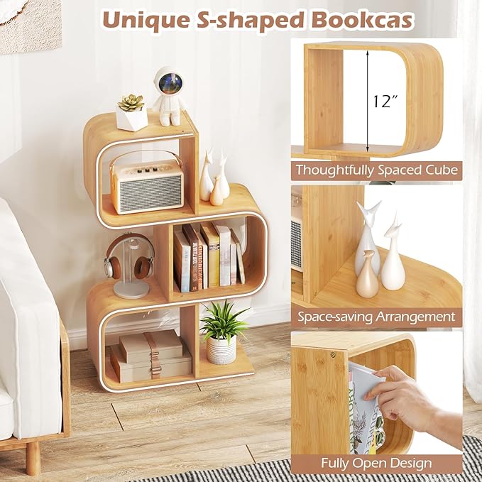 Giantex 3-Tier Bamboo Bookshelf Set of 2, S-Shaped Bookcase with 3 Open Cubes, Geometric Corner Display Shelf, Decorative Storage Organizer, Floor Storage Rack for Living Room, Home Office, Natural