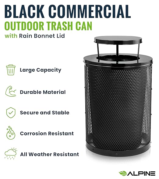 Alpine Outdoor Trash Can 36 Gallon Diamond Steel Commercial Metal Waste Bin with Leak Proof Liner, Heavy Duty Steel Mesh Design, Rain Bonnet Lid & Flat Lid for Parks, Streets, and Public Spaces-Black