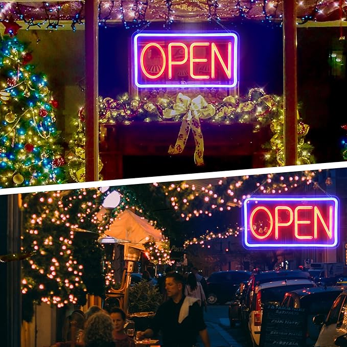 Open Signs for Business,Neon Open Sign Led,16.5"x 9",with Open/Closed Bussiness Hour Sign Set,Light for Bar Coffee Salon Store Window,12V/2A Adapter with ON/OFF Switch (Blue/Red Horizontal)
