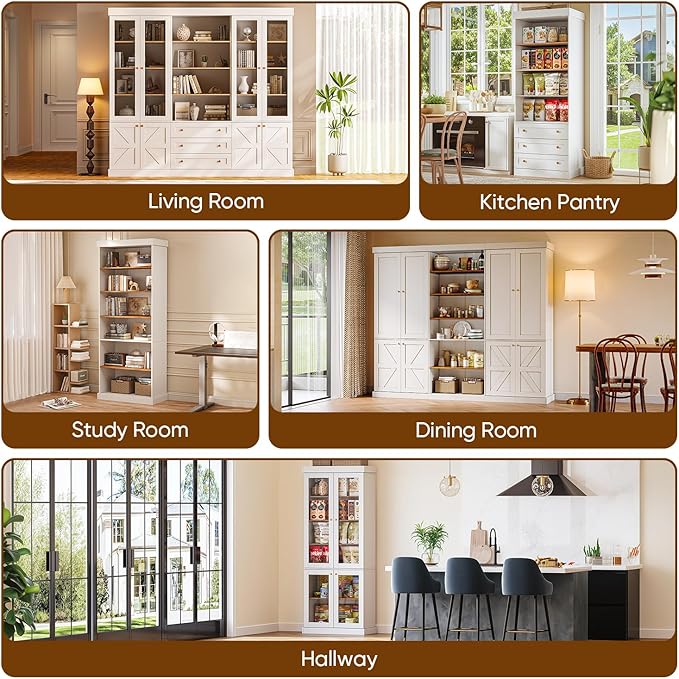 70.8" Bookshelf with Glass Doors, Farmhouse Modular Bookcase with 6-Tier Adjustable Shelves, Large Storage Cabinet for Living Room & Home Office, Set of 3, White
