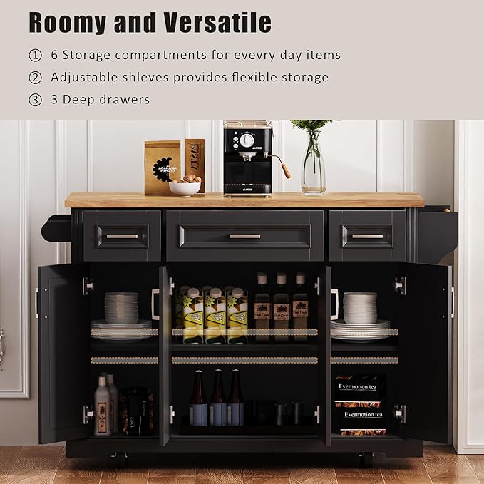 Yayzy Rolling Kitchen Island with Drop Leaf, 4 Cabinet Doors, 3 Drawers & Side Storage Racks, Mobile Kitchen Cart with Rubberwood Top & Locking Wheels for Dining Room & Kitchen, 54-Inch, Black