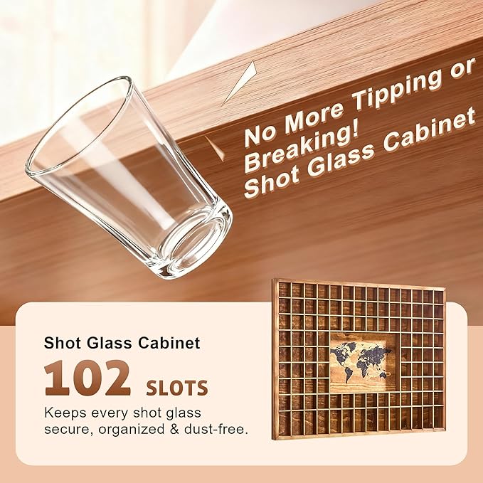 Large World Map Shot Glass Display Case 102 Slots 39.37 X 31.69''Rustic Brown Wood Holder for 2 Different Size Shot Glass in Living Rooms Bars Wine Cellars Used for Jewelry Stones & Shell