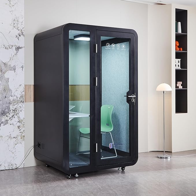 GEARONIC Mobile Office Pod Booth, Sound Proof Booth for Home, Mobile Roller with Desk, LED Light, Fans and AC USB Ports (Black Obsidian)