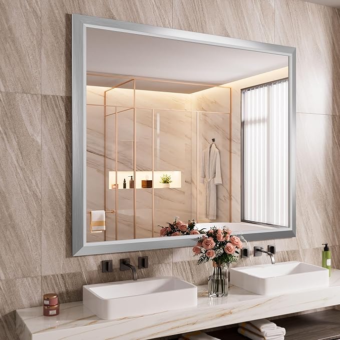 Amorho Bathroom Mirror, 48x40 Inch Silver Thick Metal Framed Wall Mirrors for Over Sink, Brushed Nickel Mirror Perfect for Bedroom, Living Room, Entryway, Rectangle (Horizontal/Vertical).