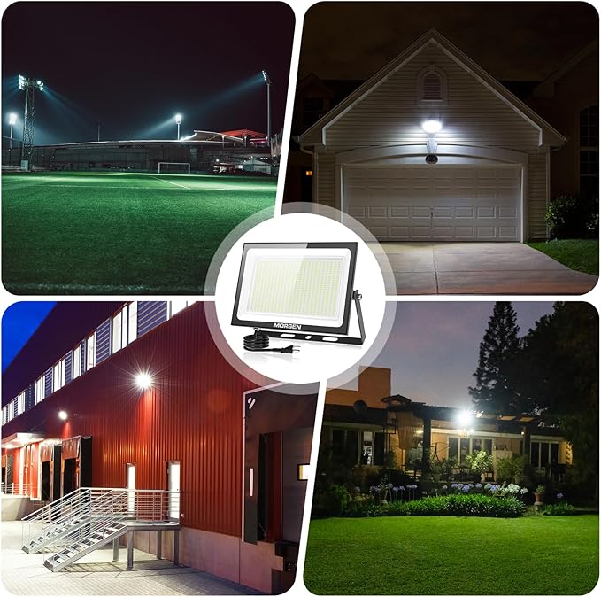 MORSEN 500W Flood Lights Outdoor, 60000lm Bright LED Work Light with Plug, 6500K Daylight White LED Flood Lighting, IP66 Waterproof Security Yard Lights for Yard Garage Stadium 2 Pack