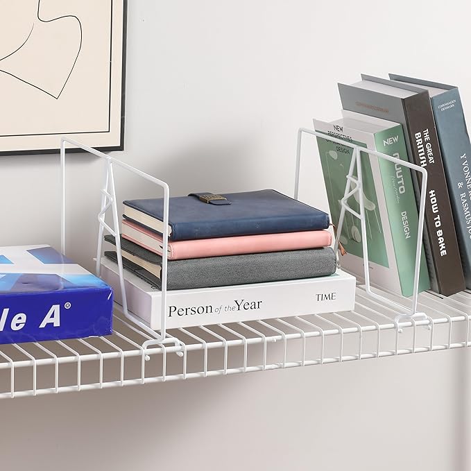 Wire Shelf Dividers - White Closet Organization & Storage Organizer - No Tool Shelf Divider for Wire Shelves - Metal Shelf Accessories – for 12“ Deep Wire Shelves – Tall 7” Height – 8 Pack