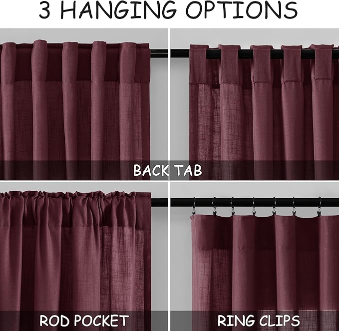 Nanspring Burgundy Curtains 72 Inch Length for Living Room Semi Sheer Light Filtering Door Drapes 2 Panels Set for Kids Bedroom Light Filtering Back Tab Rod Pocket Modern Farmhouse Decor 52x72