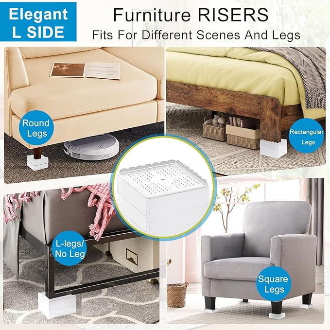 Bed Risers 1 inch, 2 inch, 3 inch, 4 inch Heavy Duty, Adjustable Furniture Riser for Table Desk Couch Sofa Chair Recliner Leg Frame Dorm, Stackable Bed Raisers Blocks (White 6 Pack, 1 inch)