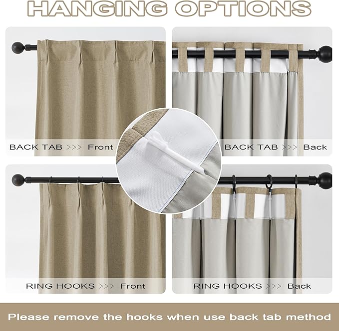 DUALIFE Taupe Blackout Curtains for Bedroom 90 Inch Length, Linen Pencil Pleat Farmhouse Traverse 100% Black Out Heat & Cold Back Tab Drapes with Hooks for Track System Sliding Door 2 Panels
