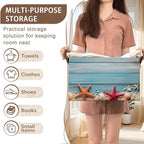 Beach Seashell Starfish Storage Basket Large 17x11.5x10.5 Inche-Collapsible Fabric Organizer Bin with Handles for Bathroom, Nursery, Beach Towels-Decorative Hamper with Coastal Nautical-Single Pack