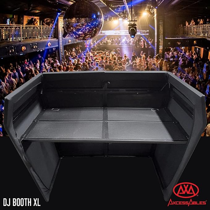 AxcessAbles DJ BOOTH XL 58" wide x 29" deep DJ Facade Table | Portable Extra Wide DJ Table Booth with Black and White Scrims, Carry Cases | Large DJ Controller Stand | Music Mixer Stand