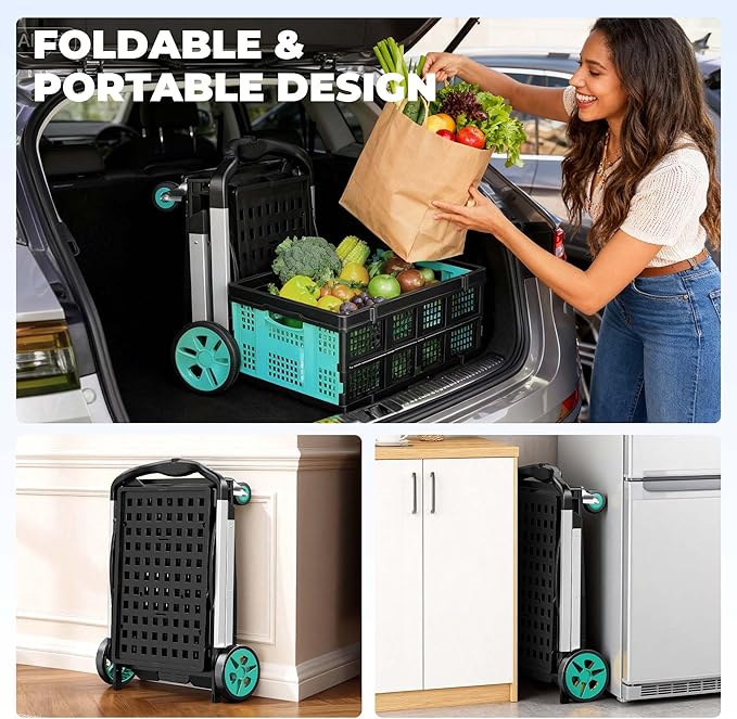 Collapsible Shopping Cart with Wheels, 6-in-1 200LBS Capacity Grocery Cart on Wheels with 1 Storage Crate, Folding Utility Cart for Shopping, Travel, Supermarket, Office, Teal