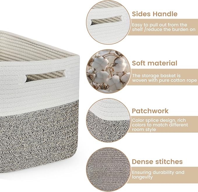 Shelf Woven Storage Basket, 15 x 10 x 9” Closet Rope Baskets For Organizing, Square Bins with Handles, White+Dark brown