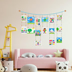 KOLLIEE Kids Artwork Display Art Wall Decor 4.93ft Boho Wooden Beaded Garland Collage Holder with Hanging Rings Wooden Stars Hook 40 Wood Clips for Kids Artwork Photo Room Bedroom Decor Blue