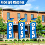 Buryeah 3 Sets Now Open Feather Flag Pole Kit for Business Advertising 7 ft Open Flag Banner Sign with Pole Kit Ground Stake and Portable Bag for Outside Ground (Blue)