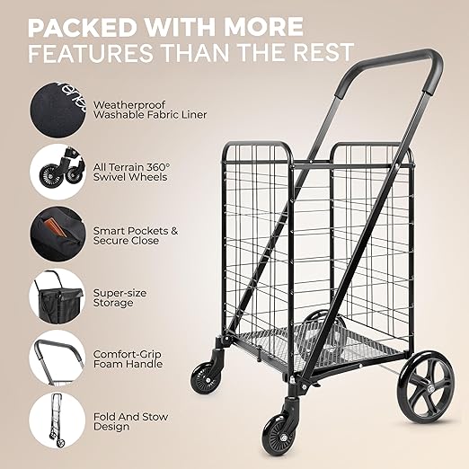 SereneLife Small Compact Folding Shopping Cart with Removable Waterproof Liner – 360° Swivel Wheels, Rust‑Proof Steel Frame, 70 lb Capacity – Portable Grocery, Laundry & Travel Cart (Black)