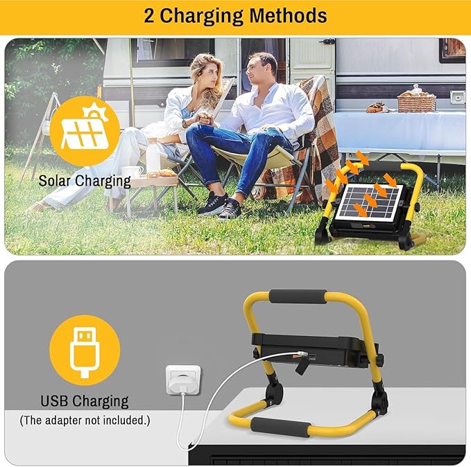 Solar Work Light Rechargeable Spotlight with Stand, MASMEJOR Rechargeable Worklight 12000mAh/ 10000LM/ 336 LEDs/ 4 Lighting Modes, LED Work Light for for Outdoor Camping, Yard, Garage, Hiking
