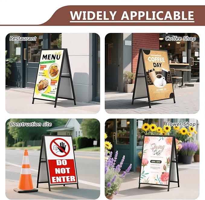 A Frame Sign 24x36 Inch Sandwich Board, Heavy Duty Double-Sided Folding Sidewalk Signboard, Slide-in Steel Metal Frame Sign Display Holder for Outdoor & Indoor Street Poster, Businesses, Advertising