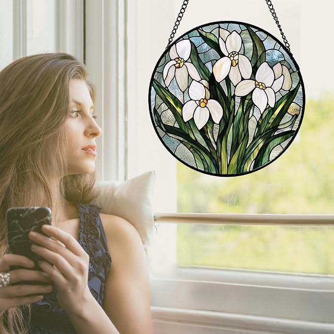 Stained Glass Window Hanging - White Green Snowdrops Flowers Suncatcher for Doors Garden Patio Sun Catchers Decor Christmas Mother's Day Birthday Gifts for Women Men Mom Nana Friend 9.8 in