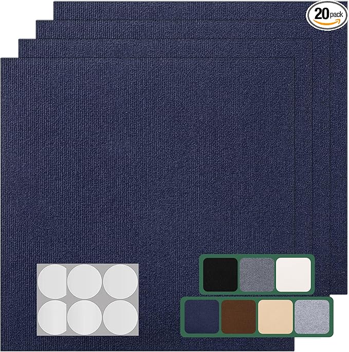 Carpet Tile 20 Pack 24” X 24” Self Adhesive Carpet Floor Tiles Anti-Slip Squares Peel and Stick Floor Tilel DIY Installation for Bedroom(Blue)