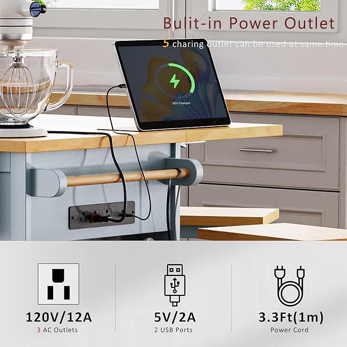 Yayzy Rolling Kitchen Island with 2 Bar Stools, Drop Leaf & Power Outlet, Large Kitchen Islands Cart on Wheels, Movable Kitchen Island with 5 Open Shelves & Towel Rack for Dining Room, 53″, Grey Blue