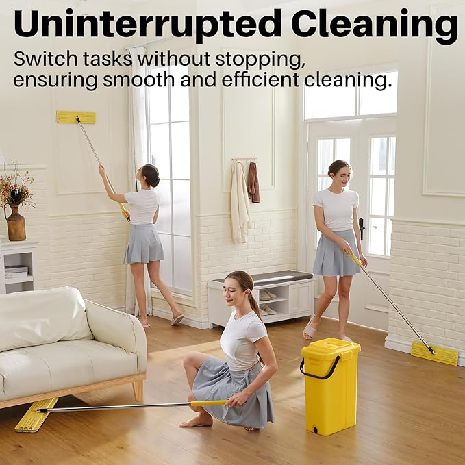 JOYMOOP Industrial Mop and Bucket Set, 17.7-inch Dust Mops for Floor Cleaning, Flat Mop Bucket with Wringer, Include 3 Reusable Microfiber Mop Pads - Yellow
