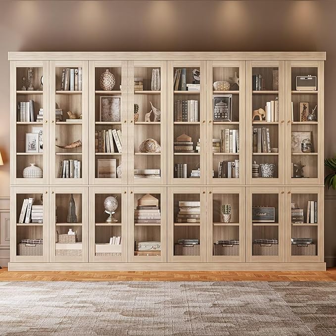 Vyre 70.8" Tall Brown Bookshelf with Glass Doors, Farmhouse Modular Bookcase with 6-Tier Adjustable Shelves, Large Storage Cabinet for Home Office, Living Room