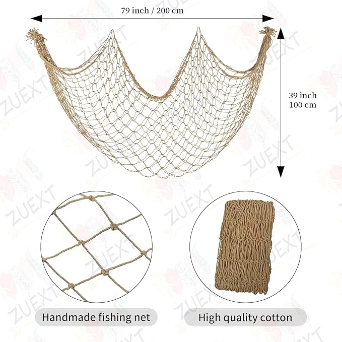 ZUEXT Caramel Decorative Fishing Net 80x40 Inch, Large Picture Fish Net, Wall Photo Hanging Fishnet for Nautical Mermaid Pirate Ocean Themed Hawaii Beach Under the Sea Party Decorations