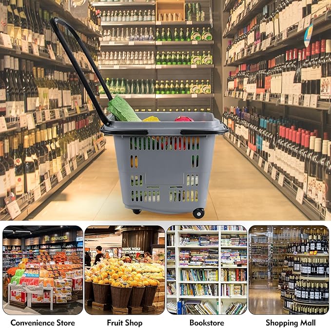 50 L Plastic Rolling Shopping Basket with Handle, 4 Pcs Large Plastic Shopping Baskets with Handles and Wheels, Gray