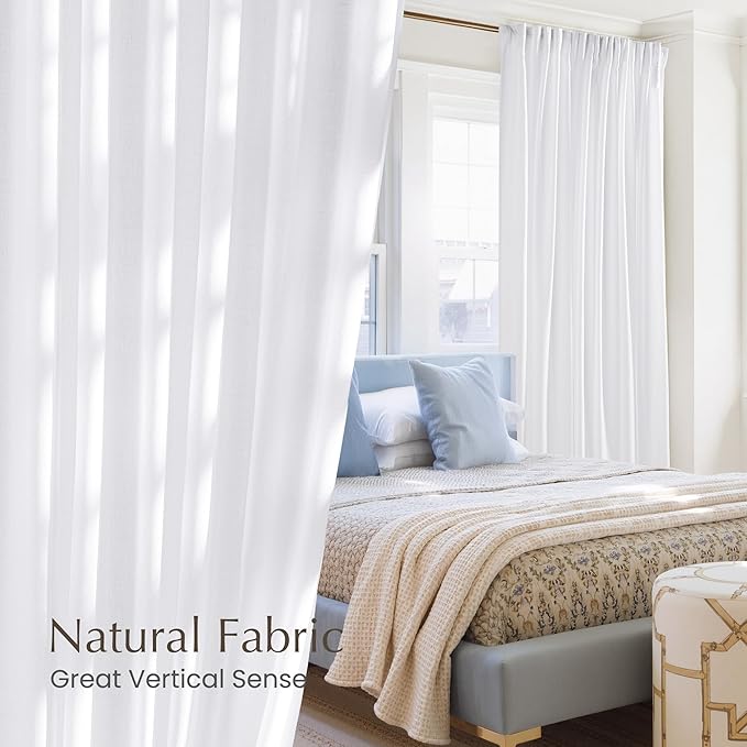 NICETOWN White Linen 108 inch Curtains, Back Tab/Rod Pocket with Pleat Tape Privacy Added with Light Filtering Semi Sheer Window Treatments for Living Room, W52 x L108, 2 Panels