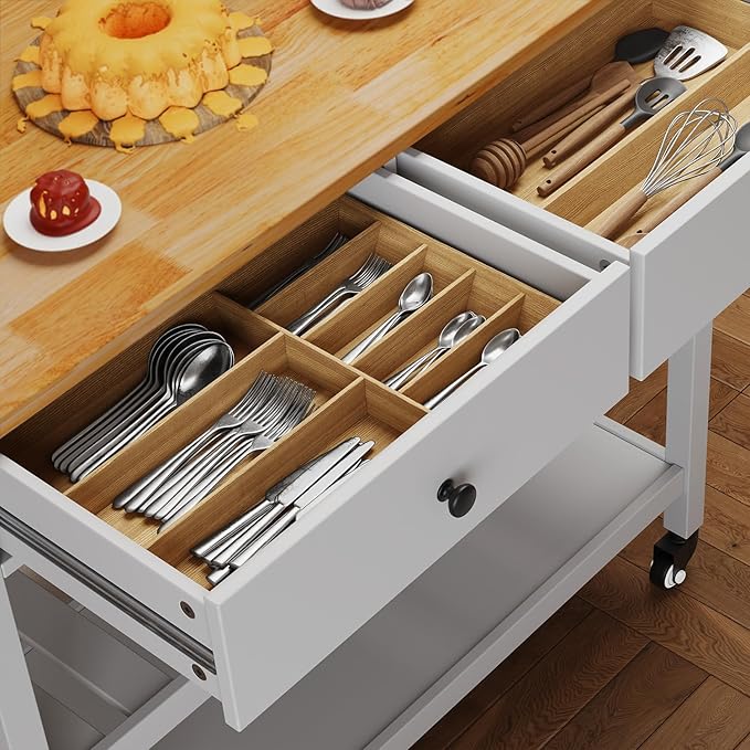 Gizoon Kitchen Island Cart on Wheels with 40'' Wood Tabletop, 2 Open Tiers Spacious Storage Shelves and Towel Rack, Rolling Utility Cart with 3 Side Hooks and 2 Drawer for Dining Room, Bar, White