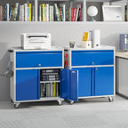 Aobabo Metal Cabinet with Wheels, Metal Garage Cabinet with 1 Drawer and 4 Hooks, Small Rolling Tool Storage with Pegboard and Handle, Blue Grey, Assembly Required