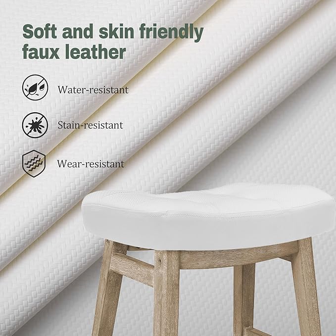 White Bar Stool for Kitchen Counter Island Counter Height Farmhouse Modern Barstool with Faux Leather Upholstered Backless Seat and Solid Wood Legs 24 inch Bar Chair
