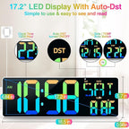 Large Digital Wall Clock Large Display 17.2" Big Digital Timer with 9 Groups Timer Remote Control for Gym Classroom 10 Colors Available for LED Wall Clock with Temperature Date Week DST Dynamic RGB