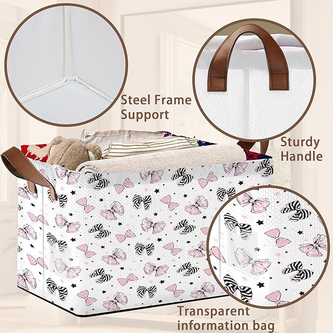 Bowknot Storage Basket Large 17x11.5x10.5 Inches - Collapsible Fabric Organizer Bin with Handles for Toys,Laundry,Closet - Foldable Decorative Hamper with Bow Design - Single Pack