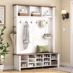 Merax Farmhouse Wood Hall Tree with 6 Hooks and Entryway Shoe Bench, 4-in-1 Coat Rack with 16 Open Compartments & Adjustable Shelves, for Entrance, Hallway, Mudroom, White