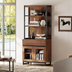 WAMPAT Modern 72" Tall Bookcase with Drawer and Open Book Shelfs, Library Book Shelf with Glass Doors Storage Cabinet, Wood Freestanding Bookshelf for Home Office, Living Room, Brown