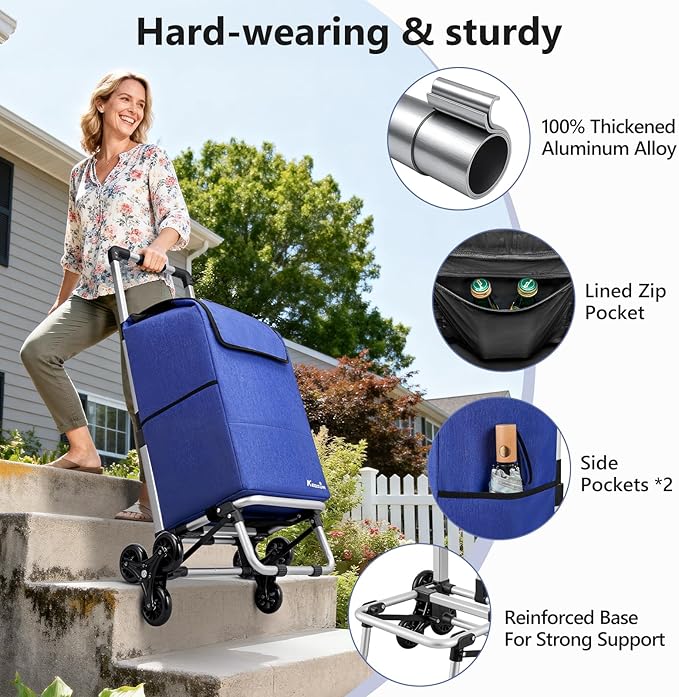 KEDSUM 2 in 1 Aluminum Alloy Stair Climbing Cart, 300LBS Grocery Cart on Wheels, Foldable Shopping Carts with Waterproof Oxford Blue Bag for Groceries, Lightweight & Durable Aluminum Frame