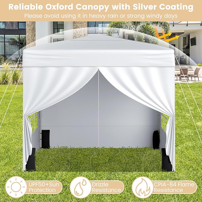 Tangkula 10x10 FT Pop Up Canopy, Outdoor Canopy Tent with 2 Removable Sidewalls & 2 Zippered Doors, Heavy-Duty Carbon Steel Frame, Wheeled Bag, 4 Sandbags, 8 Stakes, 4 Wind Ropes for Party Event