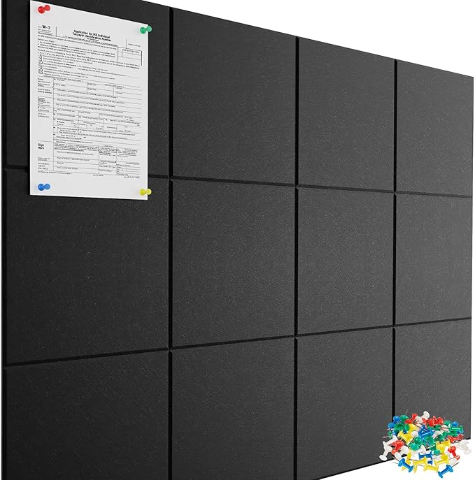 Large Cork Board for Wall 47"x 35", 12 Pack Black Bulletin Board, Felt Wall Tiles with 72 Safe Removable Adhesive Tabs, 60 Push Pins, Cork Boards for Home Office Pin Board Tack Board