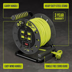 Masterplug 60ft Cord Reel, Retractable Extension Lead with Winding Handle, Safety Overload Circuit Breaker and Power Switch, 4X Grounded Outlets, 13amps, 14AWG Cable