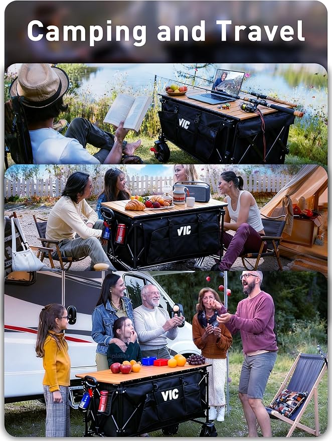 VIC 680lbs Super Cart & Table 1=5 Set, 480L Mega Capacity 54" Extra Long Double Decker Folding Wagon, Heavy Duty Collapsible Carts with Brakes, All-Terrain Big Wheels for Camping, Store, Shopping