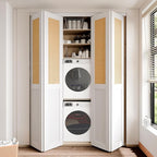 BARNER HOME Cane Bi-fold Doors - for 48in.（24in.x2） x 80in. Opening, Webbing & Wood Interior Door Slab, Including Hardware, MDF, White Folding Door for Wardrobe