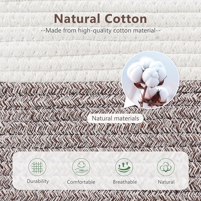 Cotton Rope Basket, Storage Baskets with Handle, 15x10x9 Inch Woven Basket for Shelves, Laundry, Towels, Clothes, Books (White Brown 2 Pack)