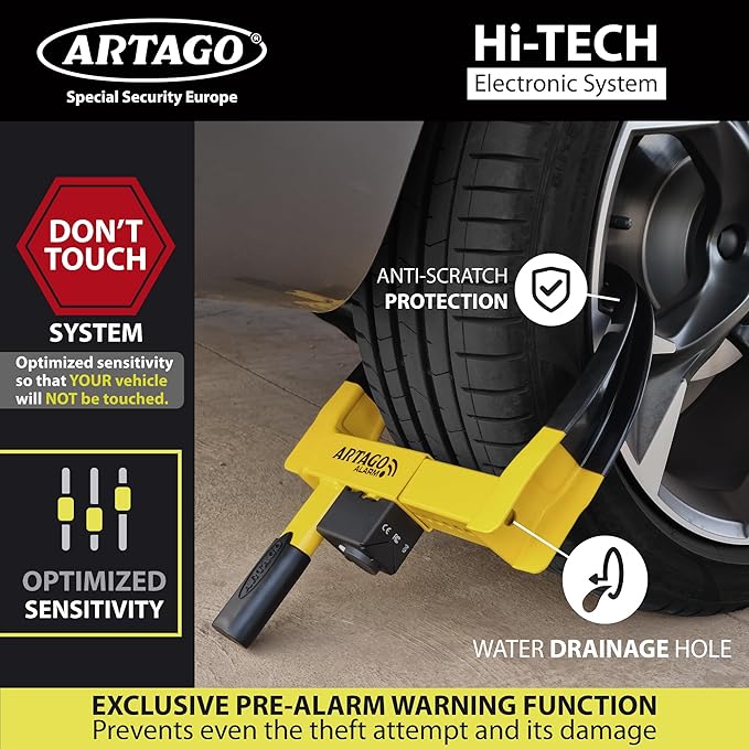 ARTAGO ART872 High-End Wheel Clamp Lock, 2in1 Without/with 120dB Alarm +Night LED Alert, Patented, Heavy-Duty Trailer Wheel Lock, High Security Car Boot, Universal Tire Clamp Anti-Theft for Golf Cart