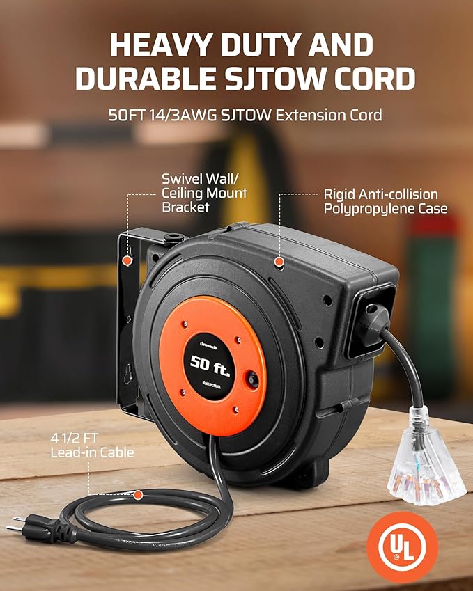 DEWENWILS Retractable Extension Cord Reel, 50 FT Heavy Duty Power Cord, 14AWG/3C SJTOW, 3 Grounded Outlets Lighted Triple Tap, 13 Amp Circuit Breaker, UL Listed