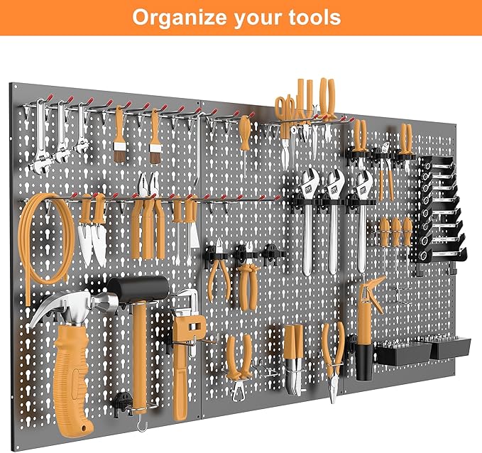 WALMANN Metal Pegboard Wall Tool Organizer Board with Pegboard Hooks, 24x48 in Tools Organizer Pegboard for Garage, Workbench, Peg Boards, Tool Storage Board with Hooks(Black)