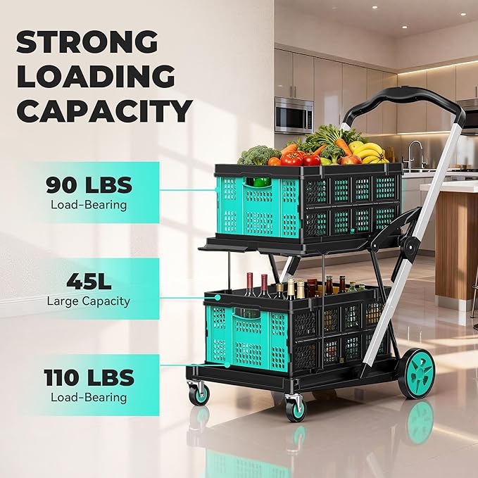 Collapsible Shopping Cart with Wheels, 8-in-1 200LBS Capacity Grocery Cart on Wheels with 2 Storage Crate, Folding Utility Cart for Shopping, Travel, Supermarket, Office, Teal