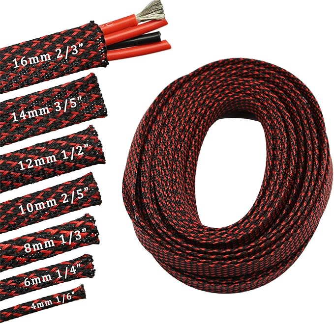 30ft PET Expandable Sleeving Wire Cable Sleeve (1/3", Red&Black)