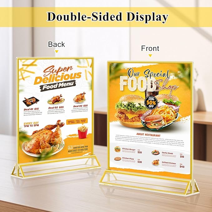 Acrylic Sign Holder 8.5 x 11, 12 Pack Double Sided Flyer Holder, Table Menu Holder Display Stand for Wedding, Party, Gold Picture Frame Stand up Table Top Menu Holder